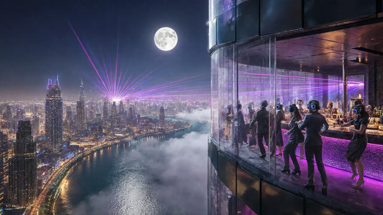 Rooftop bar with guests in silent disco headsets, laser lights painting the Abu Dhabi skyline.