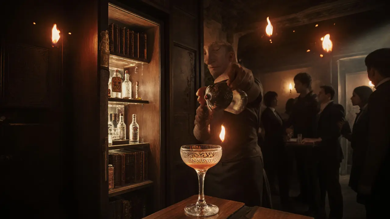 Secret speakeasy with dim lighting, vintage bottles, and patrons in quiet conversation.