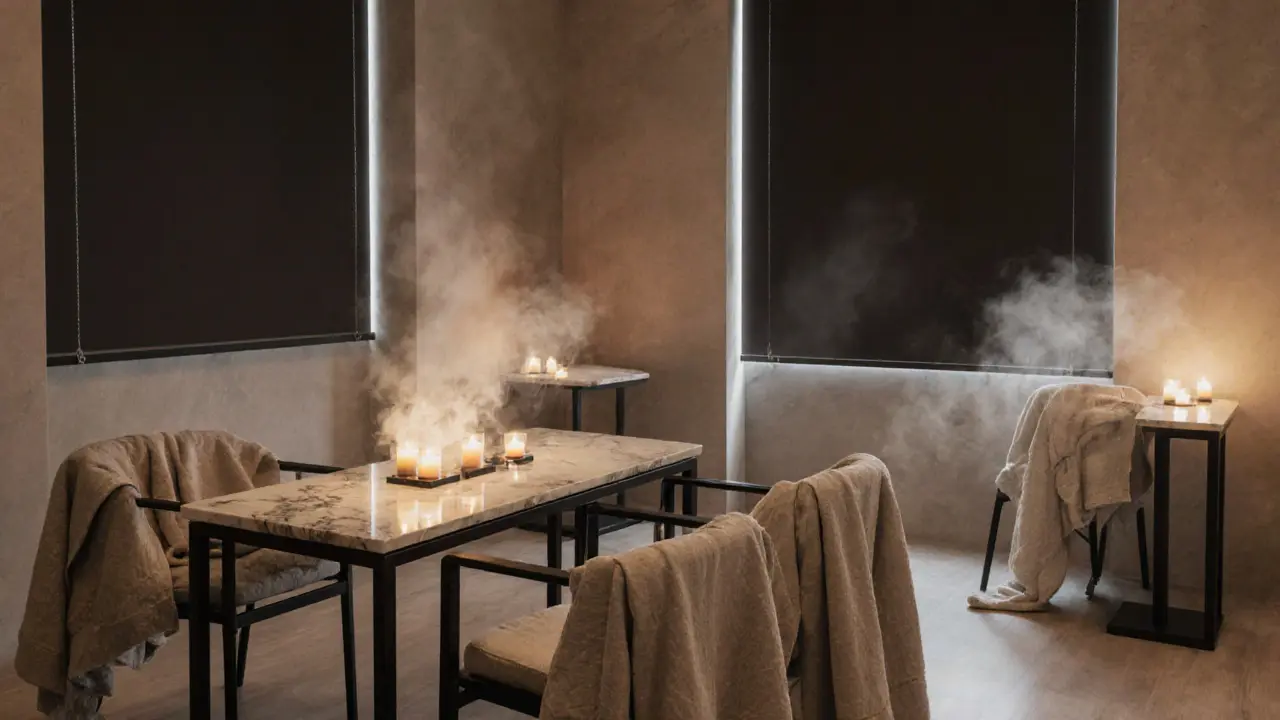 Serene modern intimacy wellness center in Belgravia with heated tables, robes, and candlelight in muted tones.