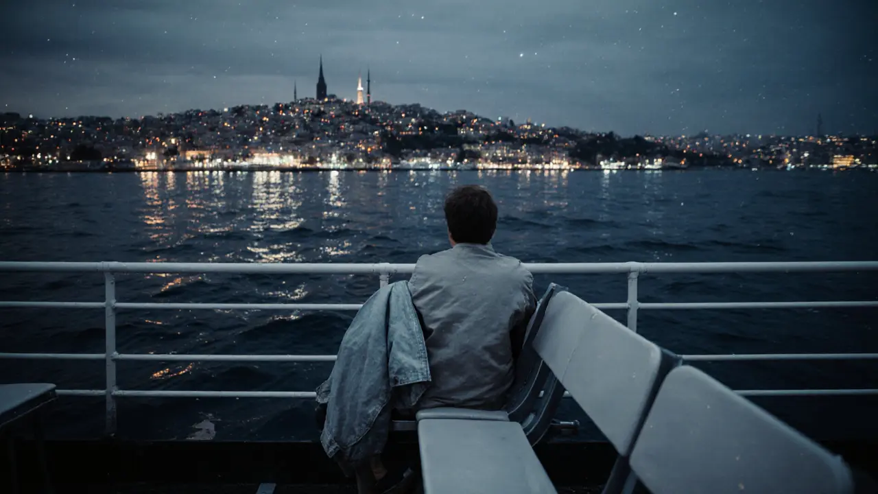 Solo traveler on a midnight ferry, city lights reflecting on dark water under a starry sky.