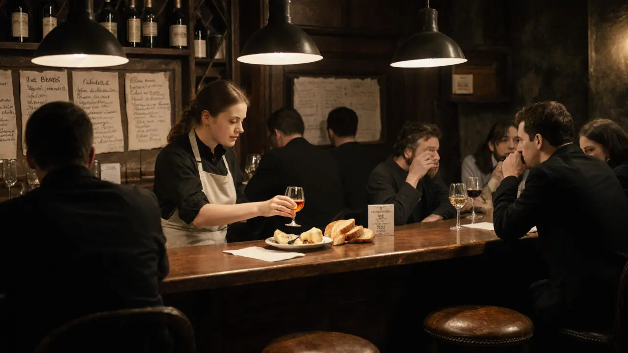 Sommelier serving orange wine and cheese at a wooden counter in a quiet Parisian neighborhood bar.