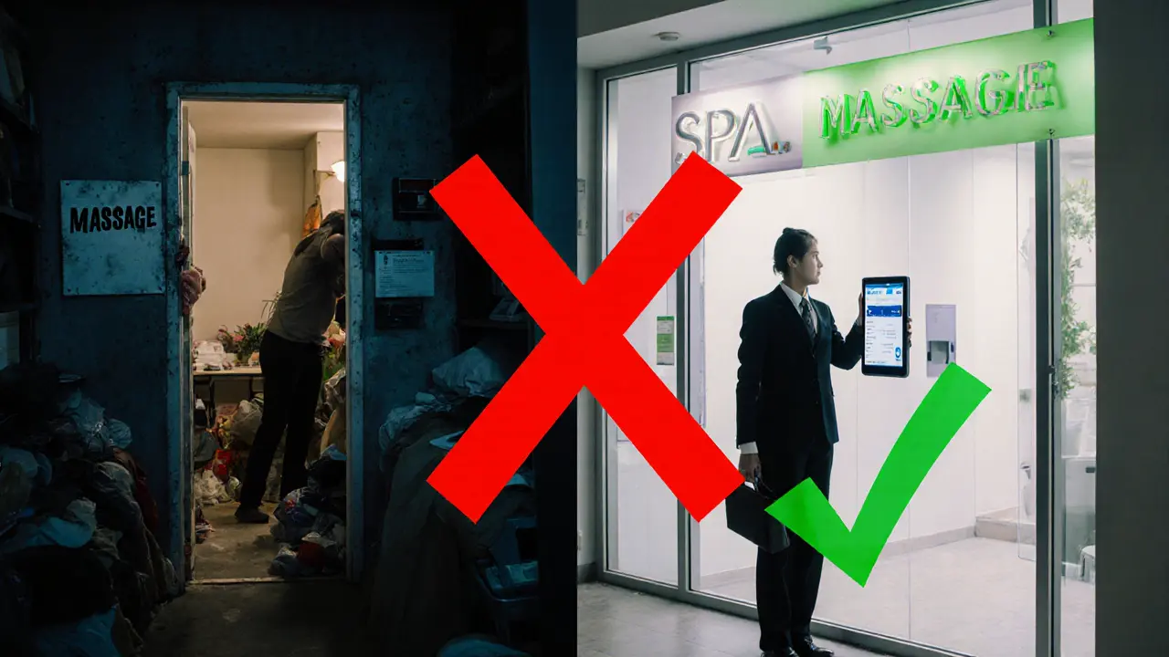 Split image contrasting unsafe hidden operation with safe, licensed spa entrance.