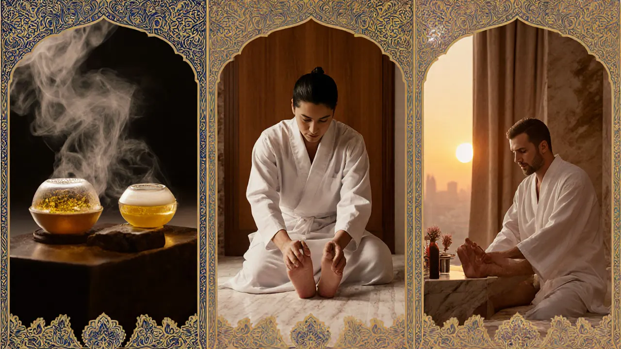 Three traditional Abu Dhabi wellness practices: cupping, Shiatsu, and hammam rituals, all conducted with dignity and cultural respect.