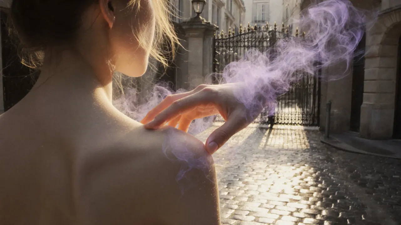 Two hands connected by lavender smoke and golden light, fading into a rainy Paris courtyard with iron gates.