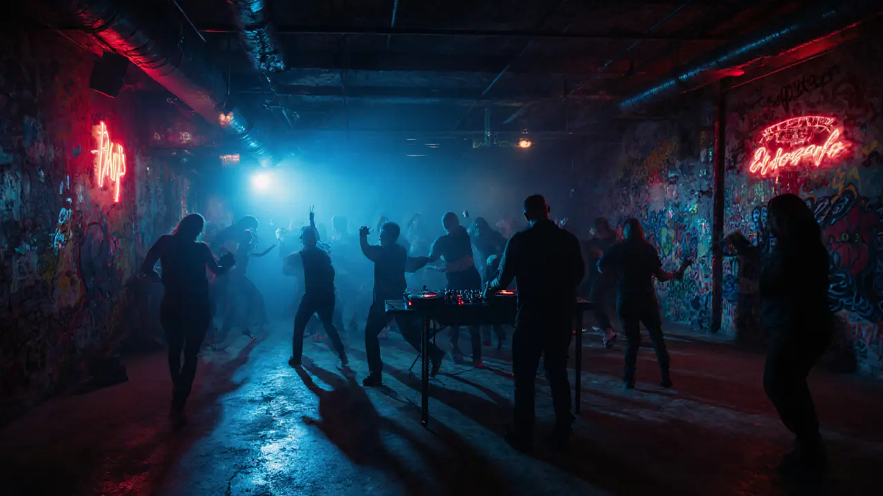 Underground club Ex Dogana with pulsing neon lights, dancers in fog, industrial warehouse setting, no text or signs.