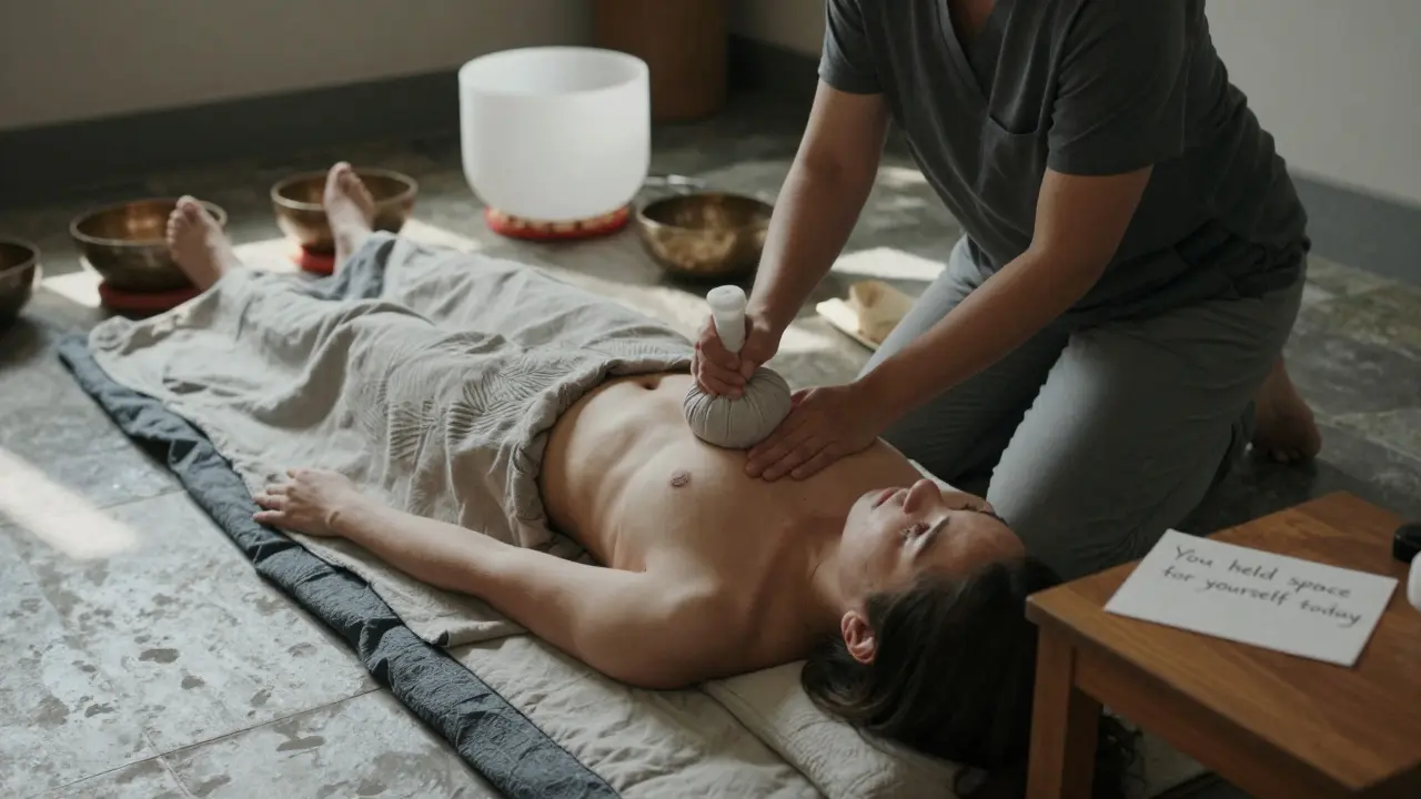 A client lies still under a weighted blanket in a monastic wellness room, a warm compress on their abdomen as soft light falls across stone floors.