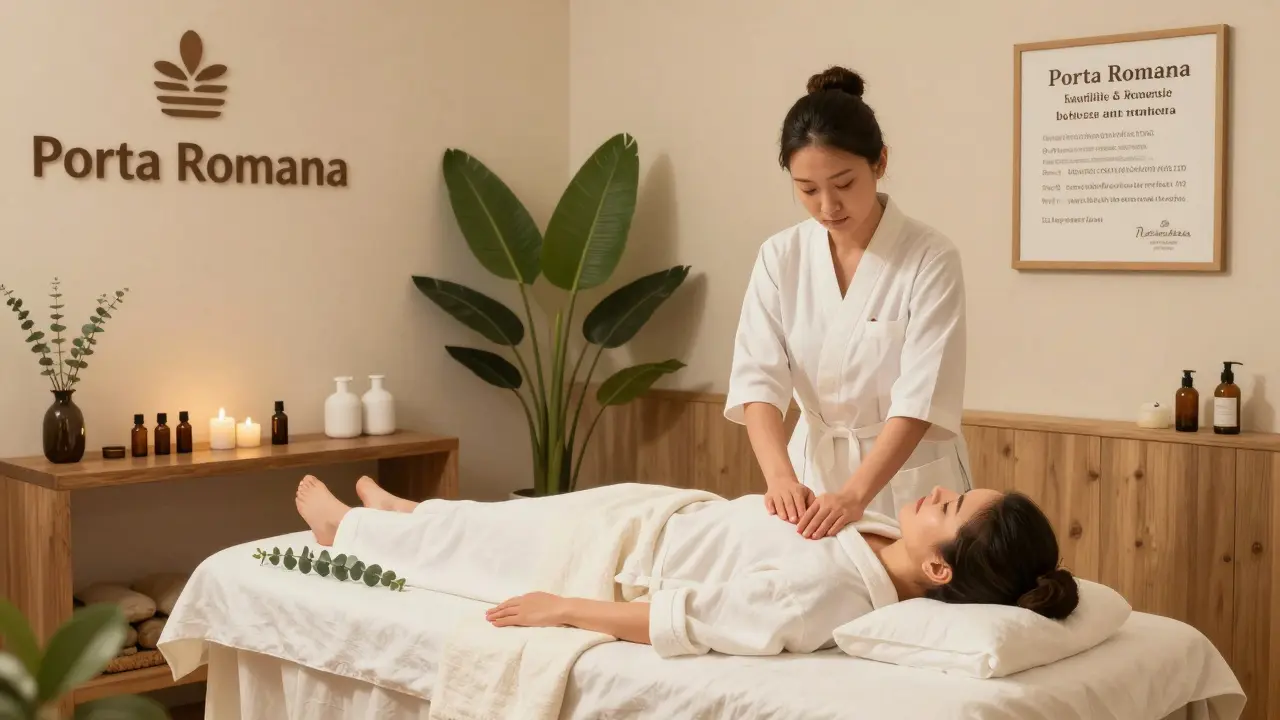 A client relaxes during a therapeutic massage at a certified wellness center in Milan, surrounded by calming aromatherapy and natural elements.
