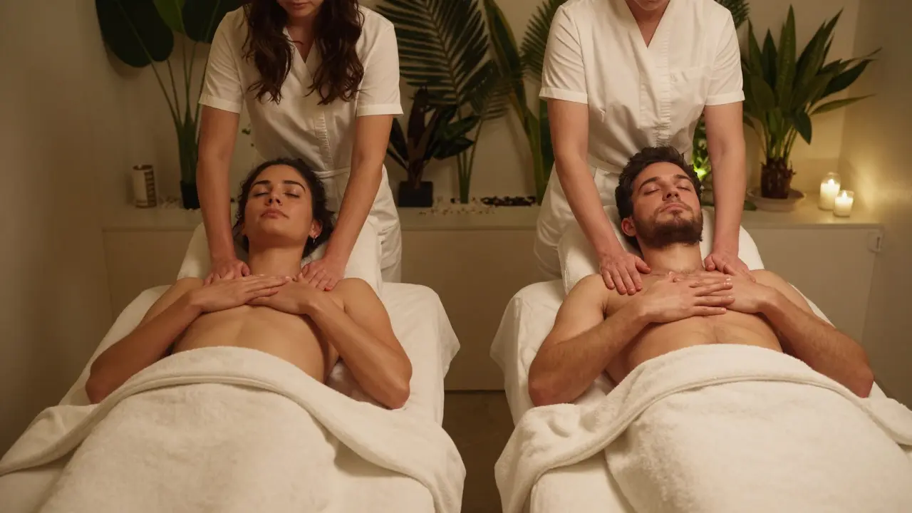 A couple each receiving sensual massage in separate but adjacent rooms, focusing on quiet reconnection and breath.