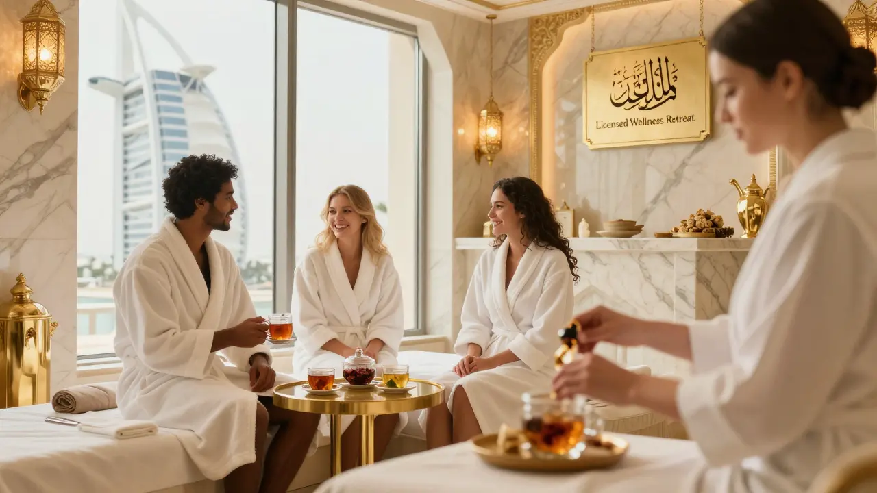 A couple relaxes in a luxurious licensed spa at Burj Al Arab, enjoying a safe and elegant aromatherapy experience.