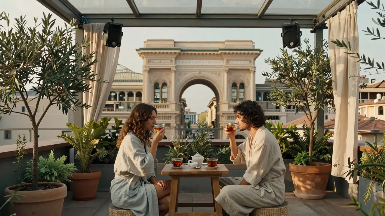 A couple relaxes on a rooftop terrace after a session, sipping tea beneath a glass ceiling with the Galleria glowing in the distance.