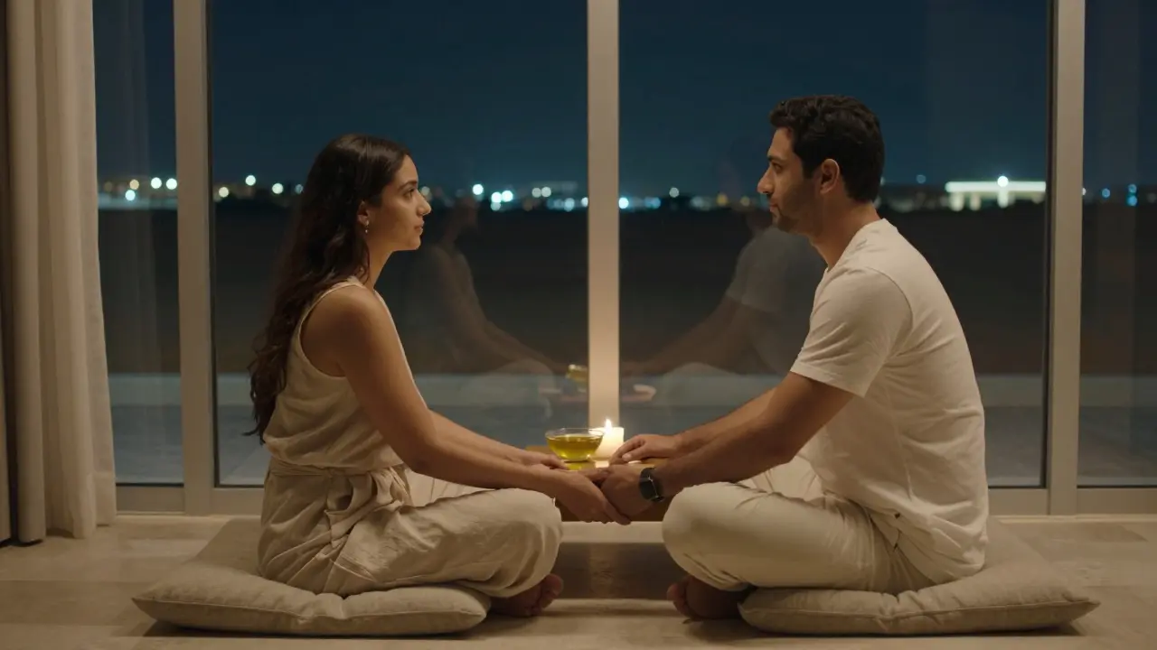 A couple sitting in silence after their monthly massage ritual, holding hands beside a flickering candle and oil bowl.