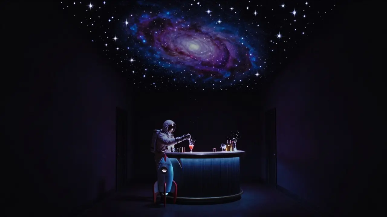 A dark hallway opening into a star-filled ceiling with a rocket bar and spacesuit bartender.
