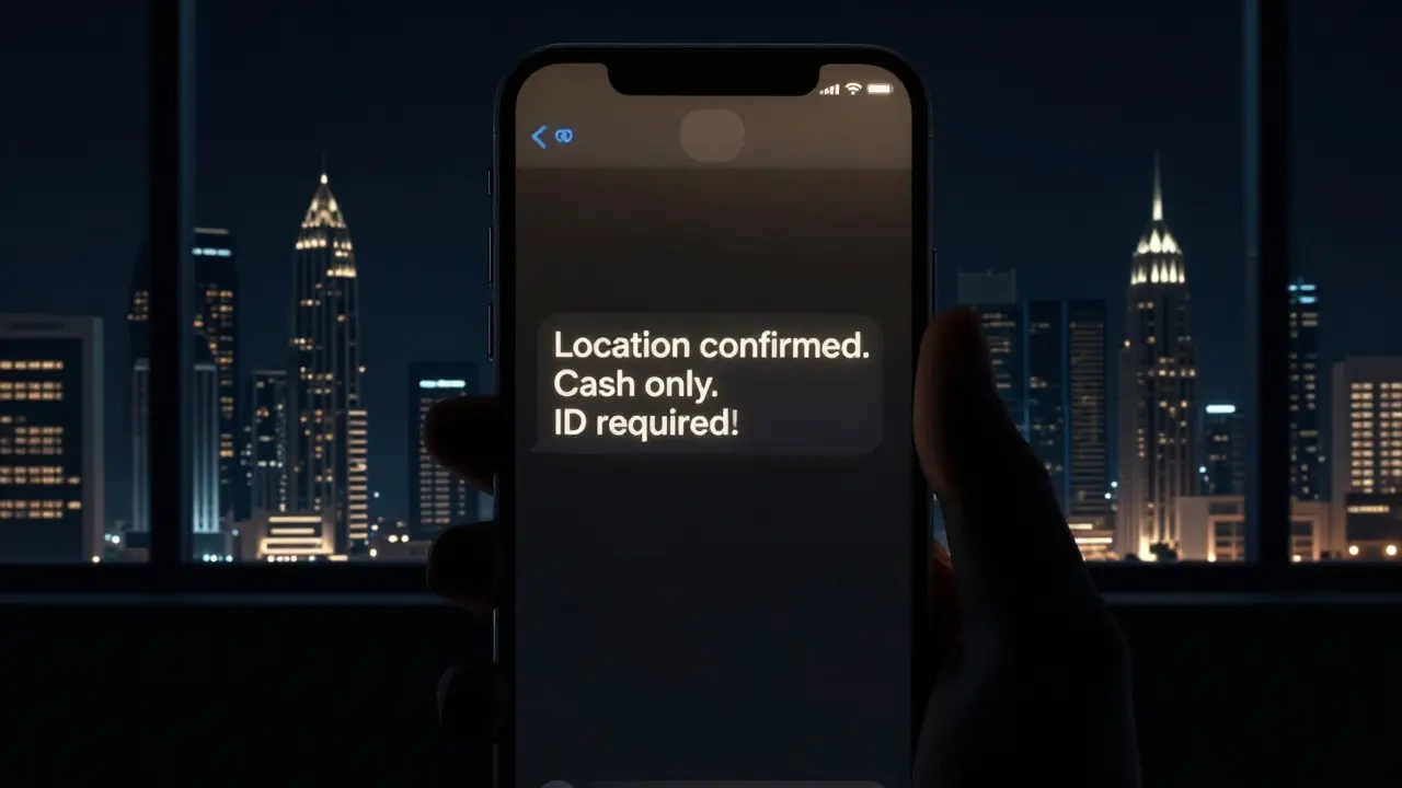 A dark room with a glowing smartphone showing a discreet Telegram message about a massage appointment.