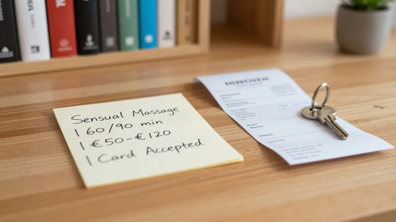 A desk with a handwritten price list and receipt, symbolizing transparent wellness services in Berlin.