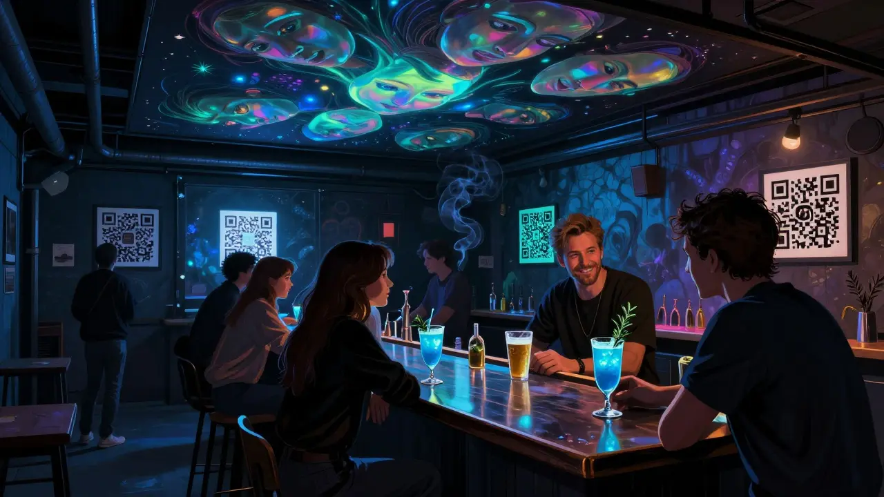 A glowing mural of floating faces covers a ceiling in a dimly lit warehouse bar, patrons sipping shimmering cocktails under UV light.