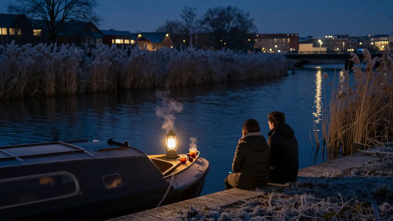 A hidden canal barge at night with two people sipping warm drinks under a lantern, water rippling softly.