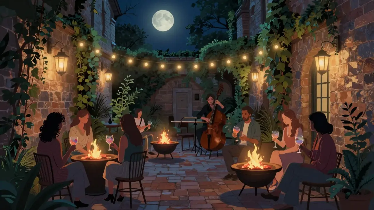 A hidden garden club with string lights, fire pits, and guests sipping drinks under night sky.