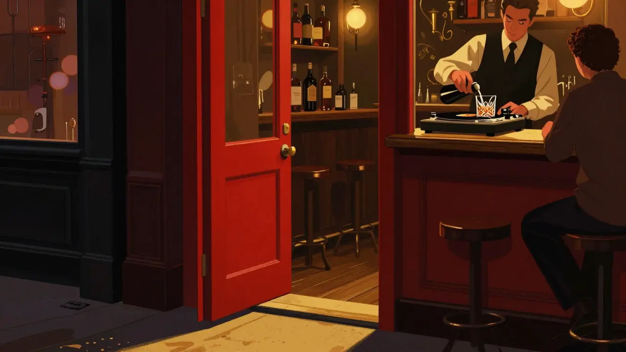 A hidden Soho bar with a red door, vintage turntable, and bartender pouring a classic cocktail in moody lighting.