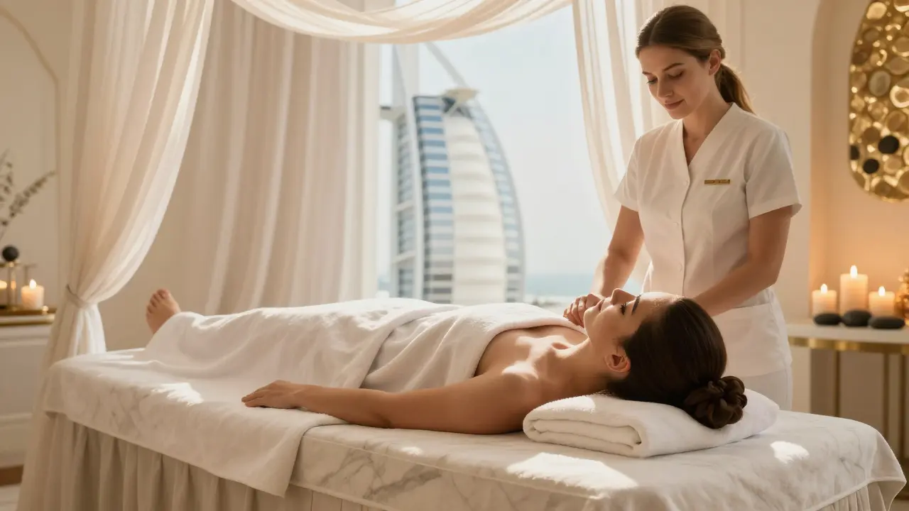 A luxurious spa session at Burj Al Arab, featuring natural light and tranquil wellness elements.