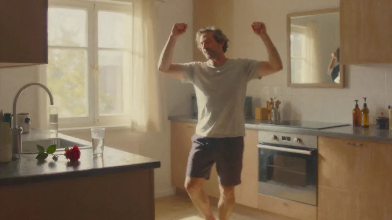A man dancing alone in his kitchen at sunrise, symbolizing renewed connection to his body after therapy.