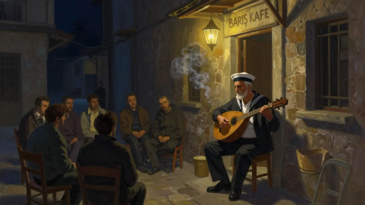 A musician plays bağlama in a dimly lit alley under a flickering lamp, surrounded by quiet listeners.