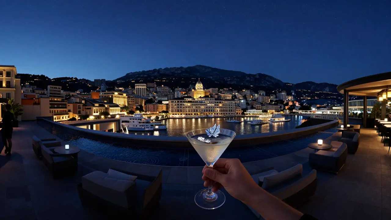 A person sips a shimmering cocktail on a rooftop at night, overlooking Monaco’s harbor and star-filled sky.