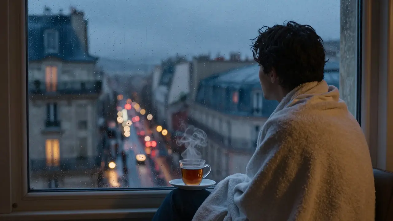 A person sits wrapped in a towel after a session, gazing out a rainy Paris window at twilight with tea nearby.