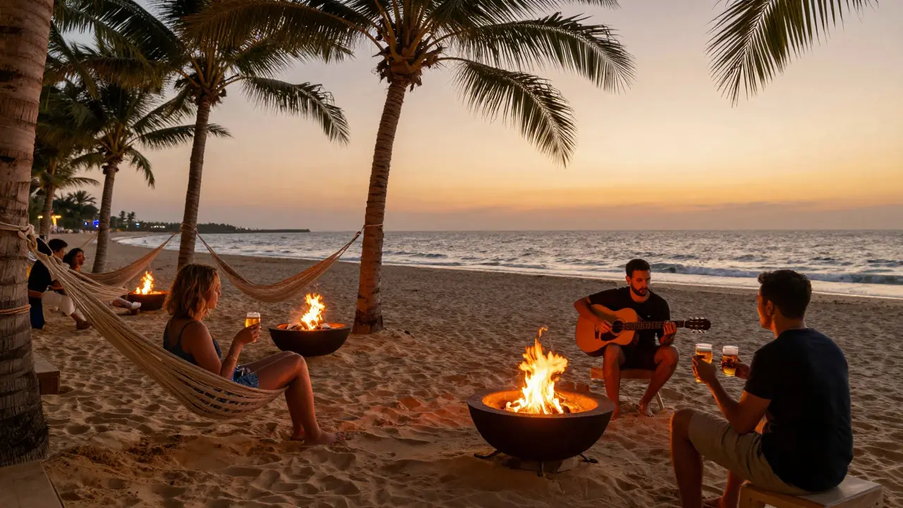 A quiet beach club at dusk with hammocks, fire pits, and guests enjoying drinks as waves roll onto the sand.