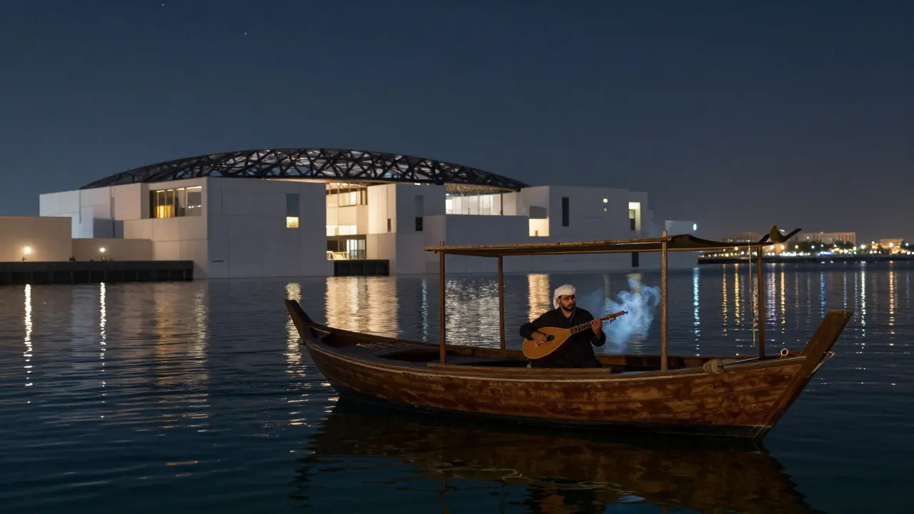 A quiet dhow boat gliding at night with city lights reflected on water and stars above, serene and untouched.