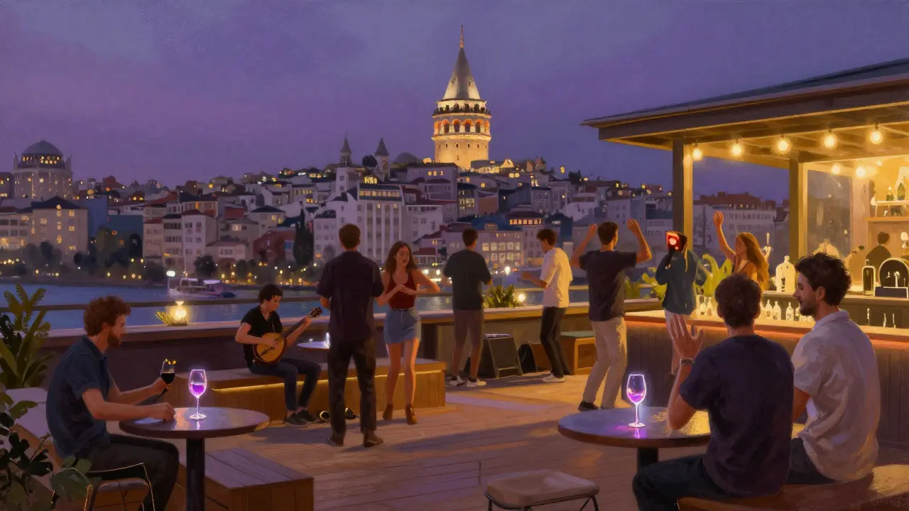 A rooftop bar in Karaköy at dusk with people dancing under the glow of Istanbul’s skyline and Galata Tower.