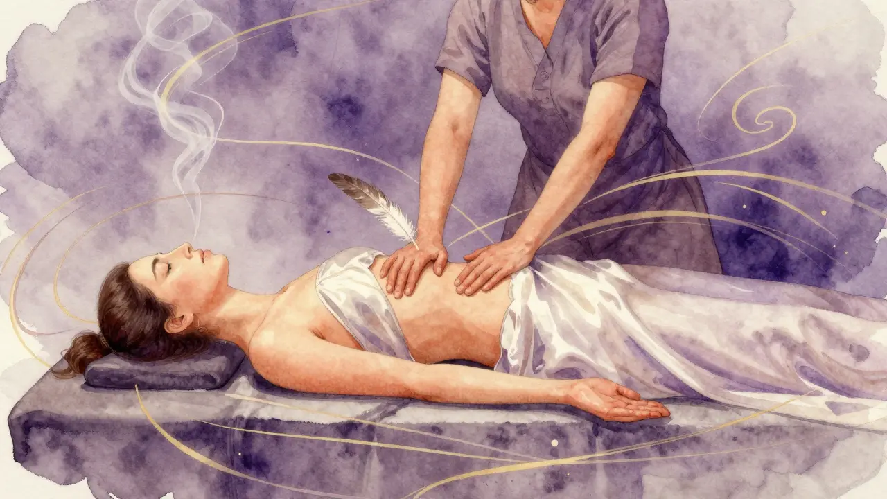 A serene tantric massage session with flowing silk and energy lines, emphasizing breath and emotional presence.
