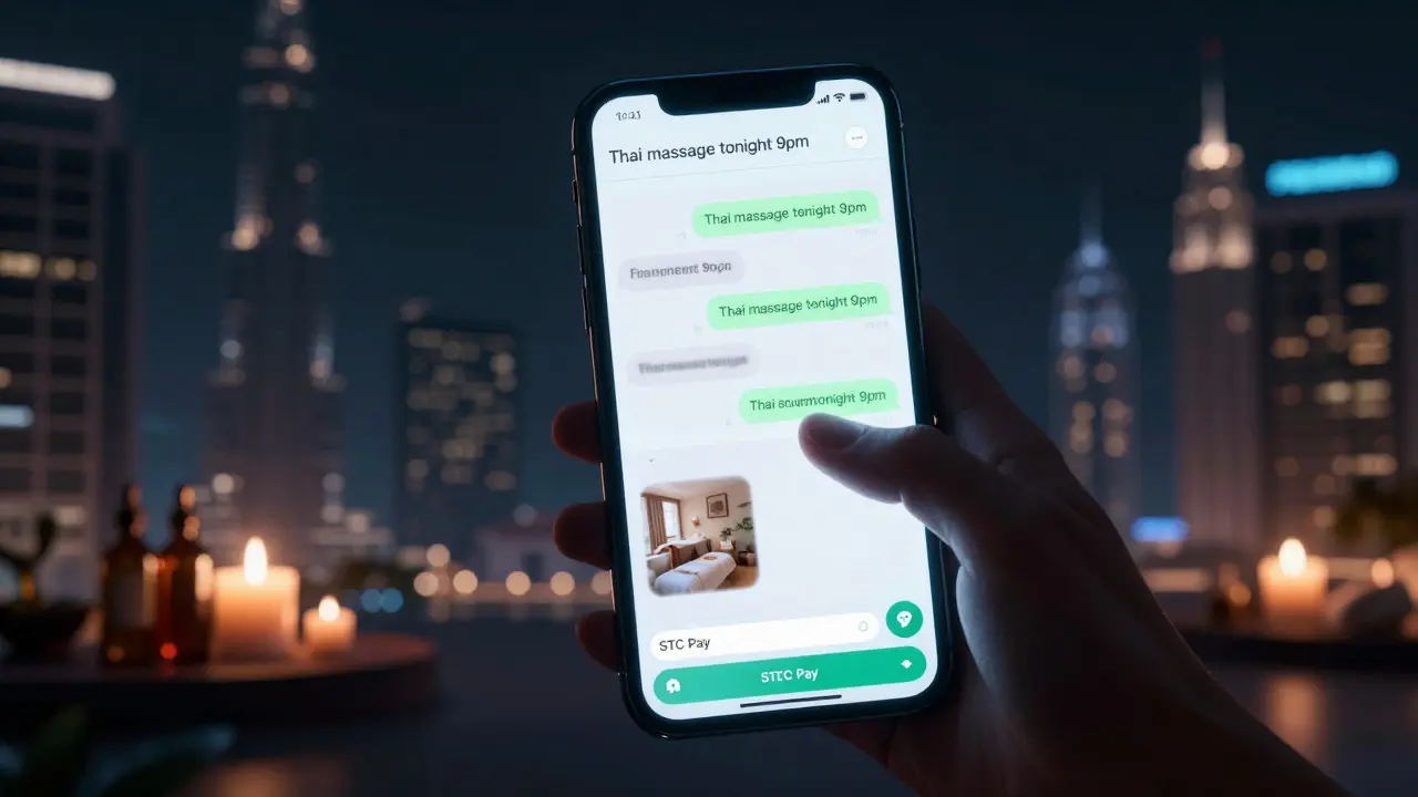 A smartphone shows encrypted WhatsApp messages and payment confirmation for a discreet massage service in Dubai.