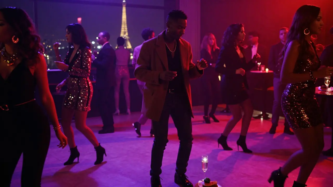A stylish crowd dancing under colorful lights at a chic Paris rooftop club with no jeans allowed.