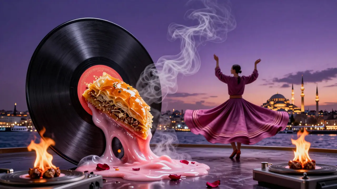 A surreal baklava record spins above a stream of salep steam shaped like a whirling dervish.