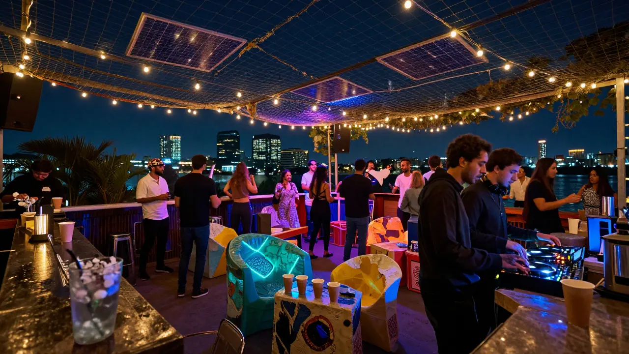 A sustainable nightclub under string lights, diverse dancers, and recycled furniture illuminated by solar-powered LEDs.
