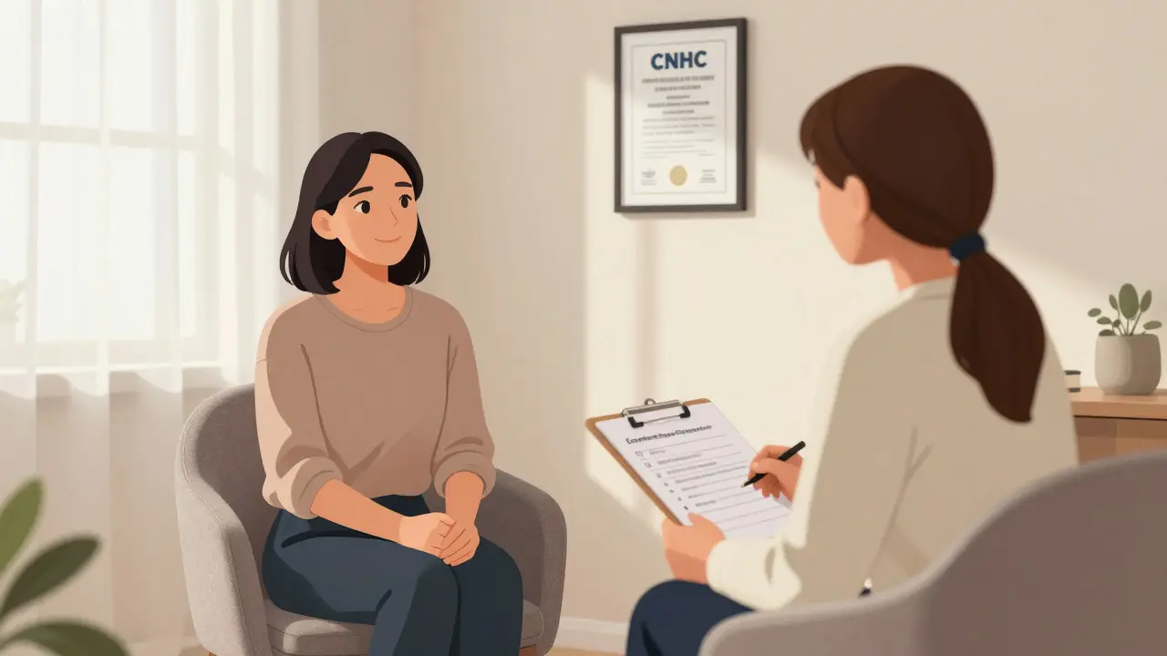 A therapist and client having a respectful conversation about comfort preferences in a quiet, sunlit room.