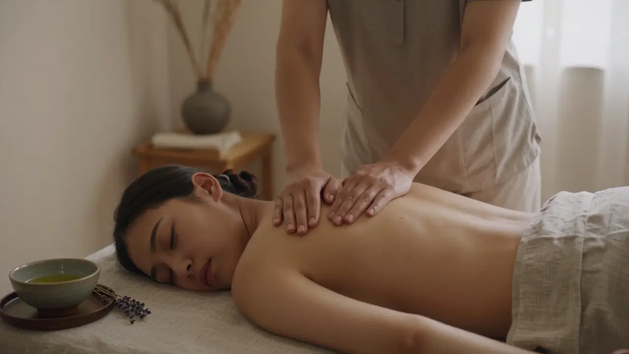 A therapist giving a gentle massage to one partner while the other rests peacefully nearby.