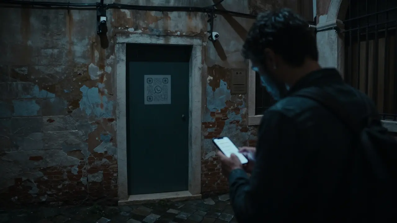 A tourist hesitates outside a secretive massage door in Milan's Navigli district, illuminated by a faint WhatsApp QR code in a dark alley.