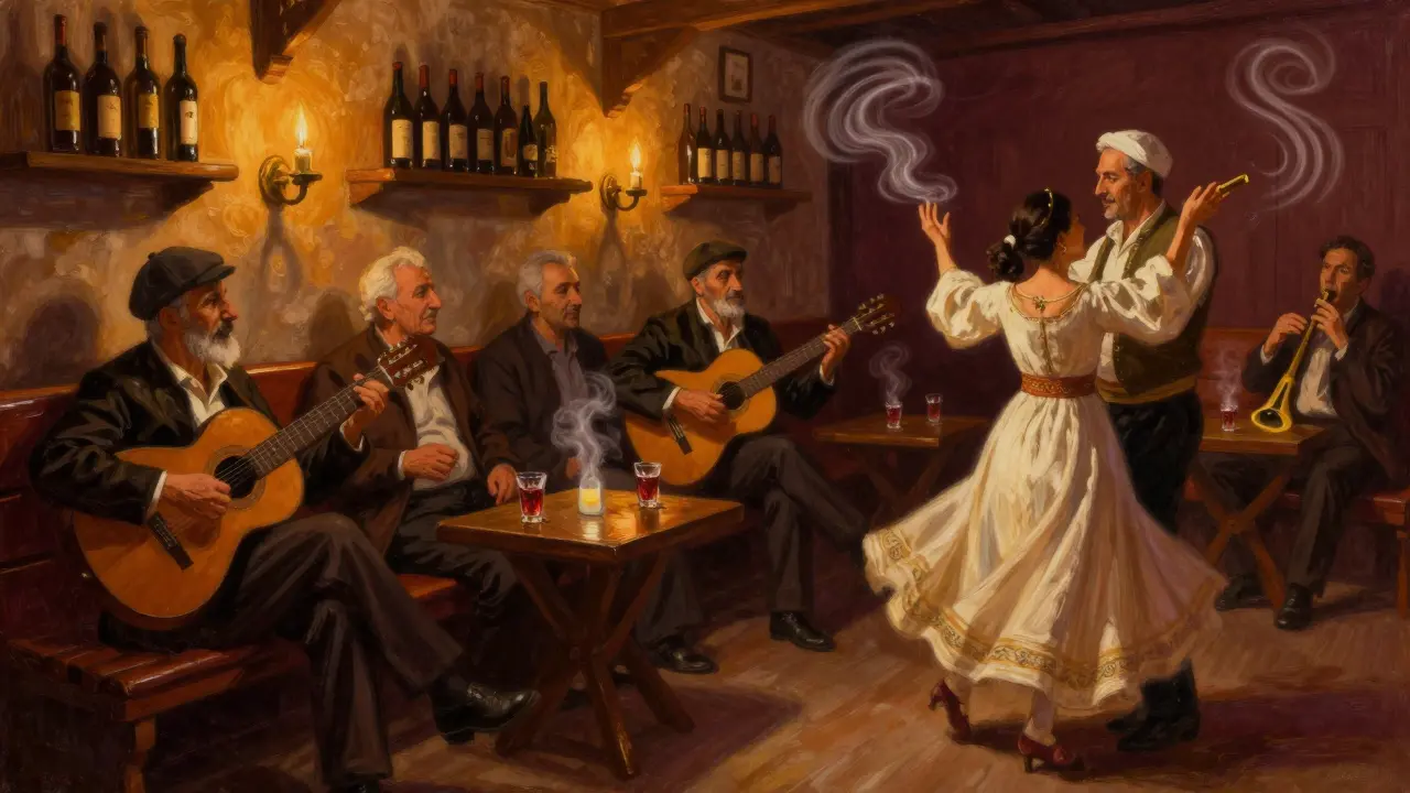 A traditional Turkish tavern at night with men singing folk songs and dancing under candlelight.