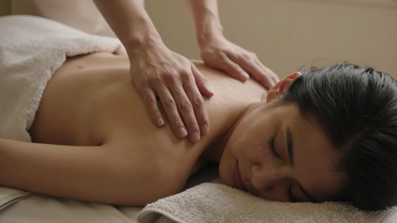A woman crying softly during a sensual massage, hand over heart, therapist's hands on her back, peaceful and safe moment.