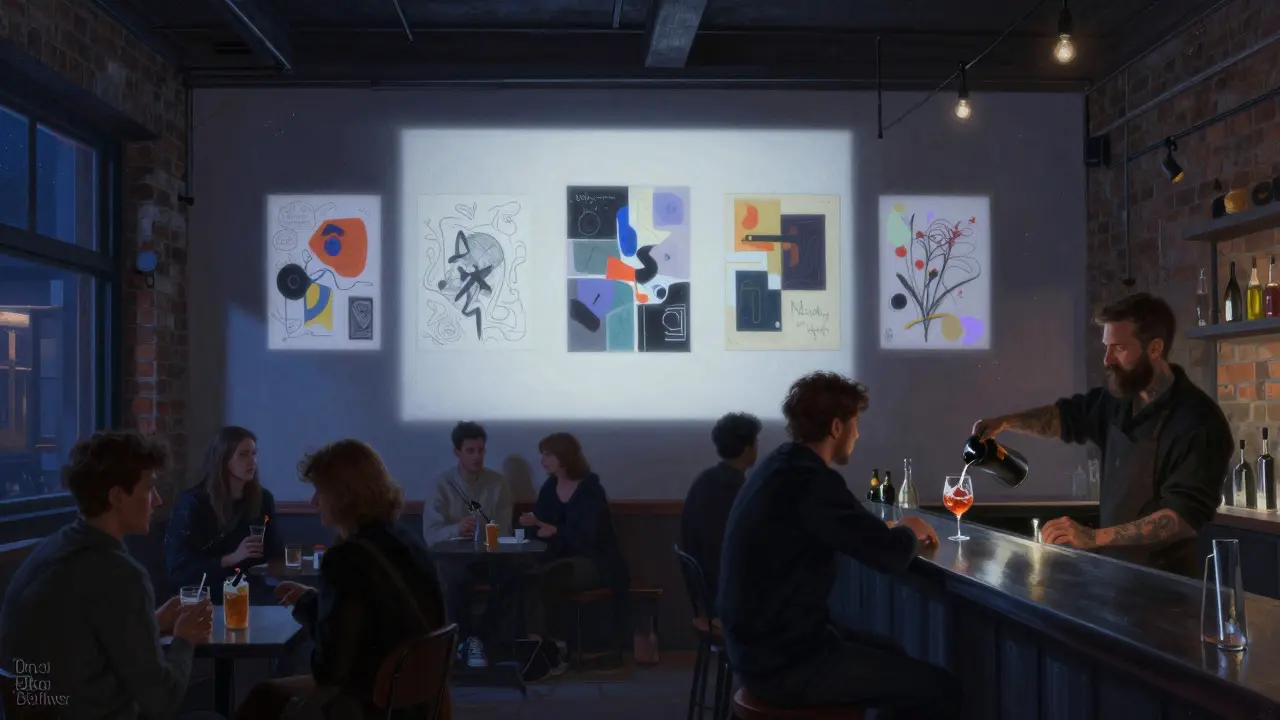 Abstract art projected on a wall in a warehouse club, people drinking named cocktails under soft string lights with no signage.