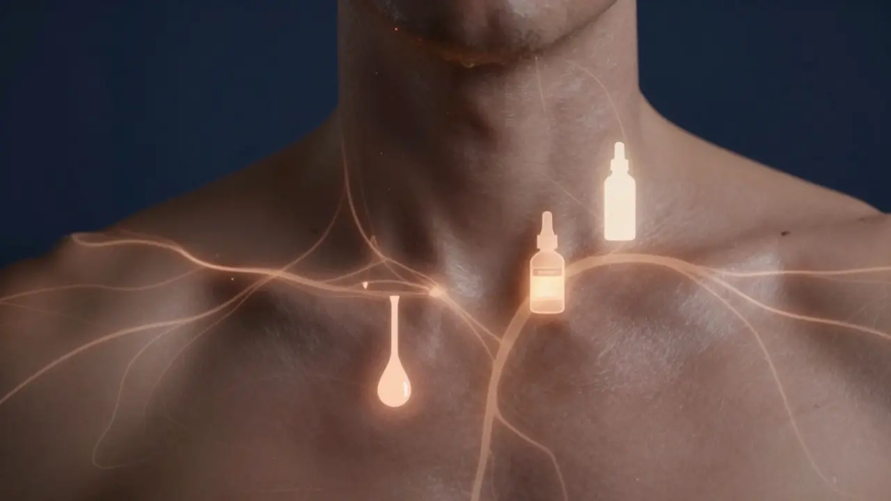 Abstract visualization of skin under oil with glowing biological signals showing stress reduction and bonding hormone increase.