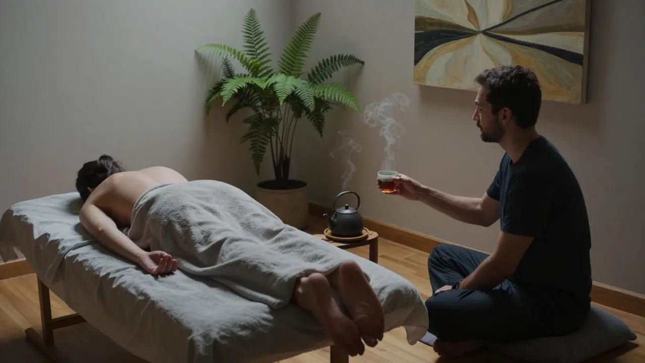 An anonymous practitioner offering tea after a session in a serene wellness room with plants and wooden floors, emphasizing silence and presence.