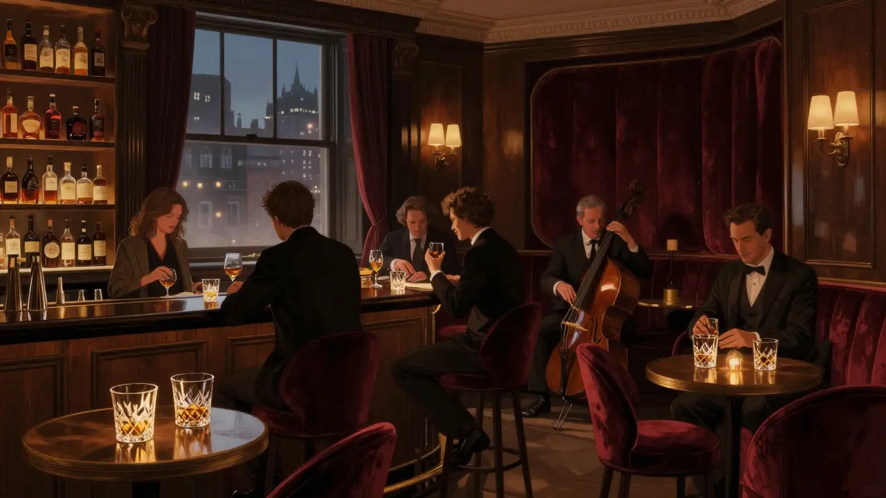 An elegant, quiet bar in Mayfair with velvet walls and guests sipping whiskey under soft jazz lights.