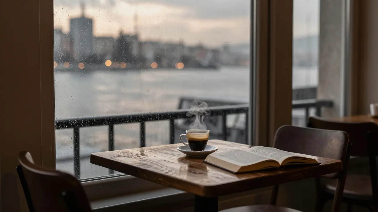 An empty cozy café at sunrise with a steaming cup of coffee and rain on the window.