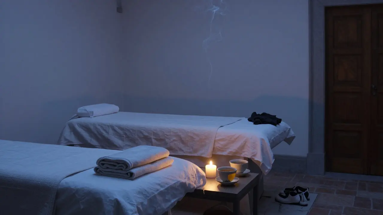 An empty massage room in Milan with folded blankets, tea cups, and a single candle at dusk.