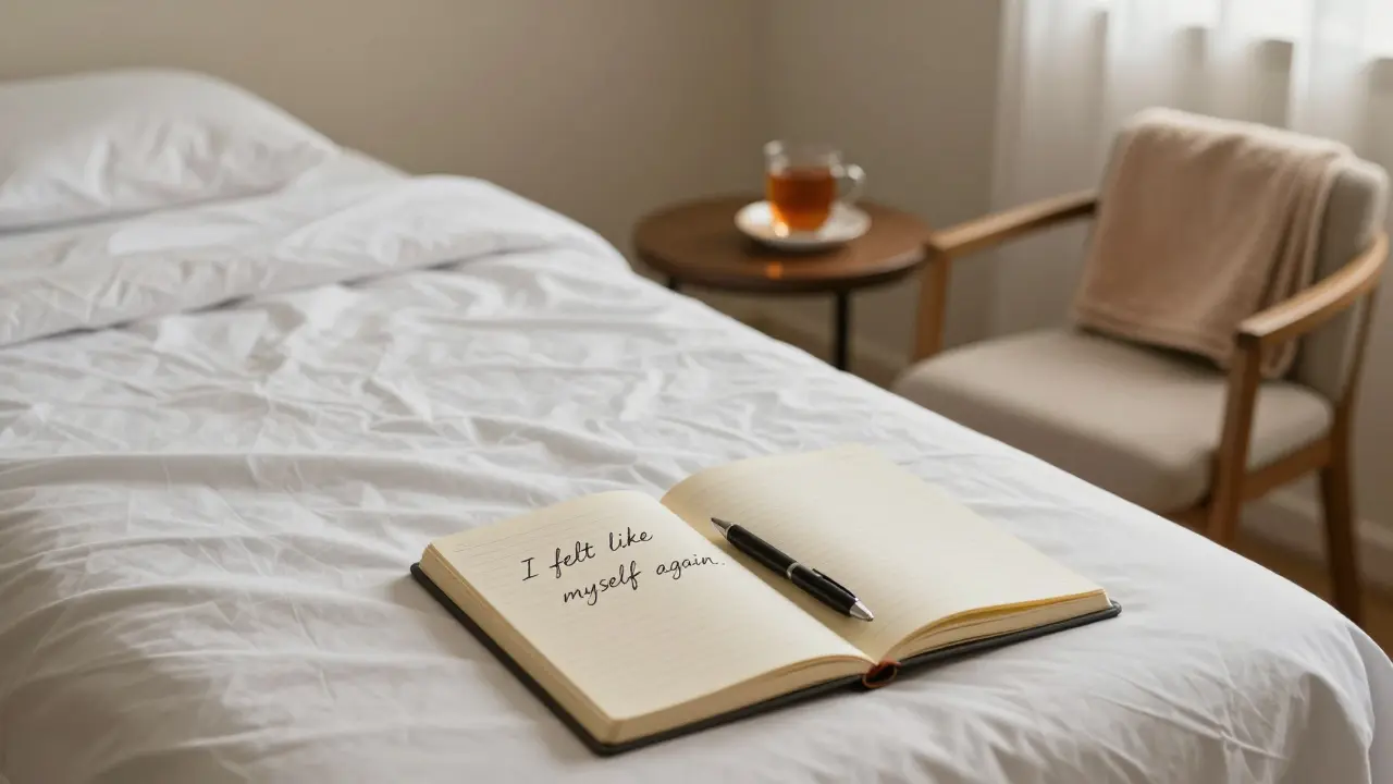 An empty massage room with a folded towel and open journal, hinting at a deeply personal emotional experience.