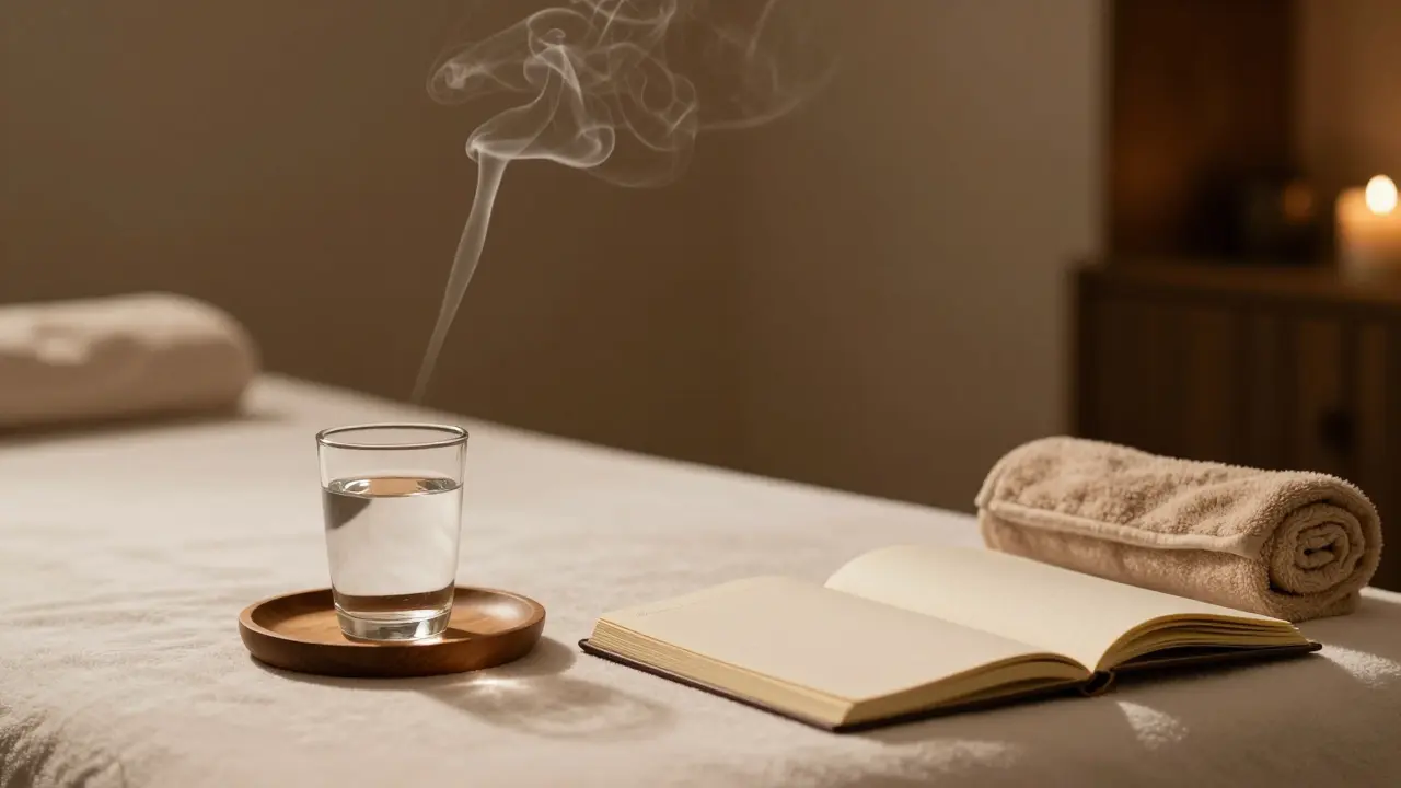 An empty post-session spa space with a journal, water, and incense smoke, evoking reflection and peace.