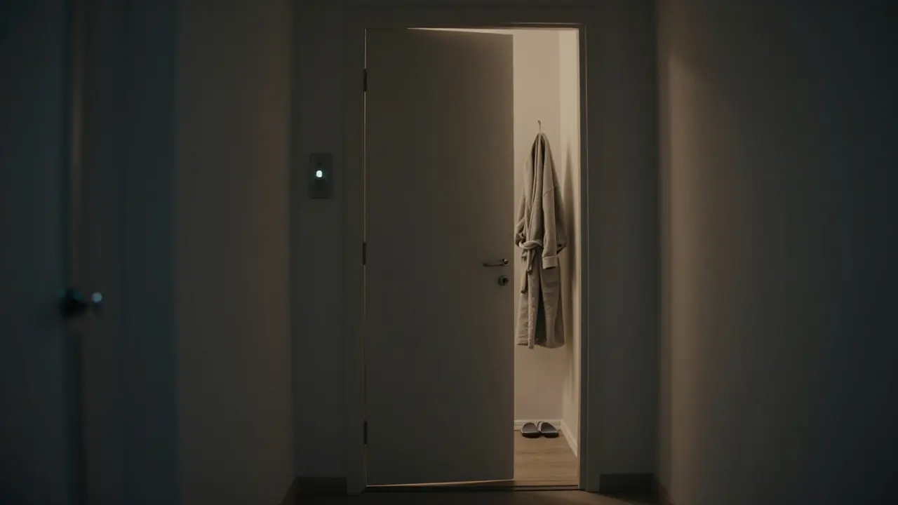 An unmarked apartment door in Neukölln, Berlin, glowing faintly from within, symbolizing private, discreet services.