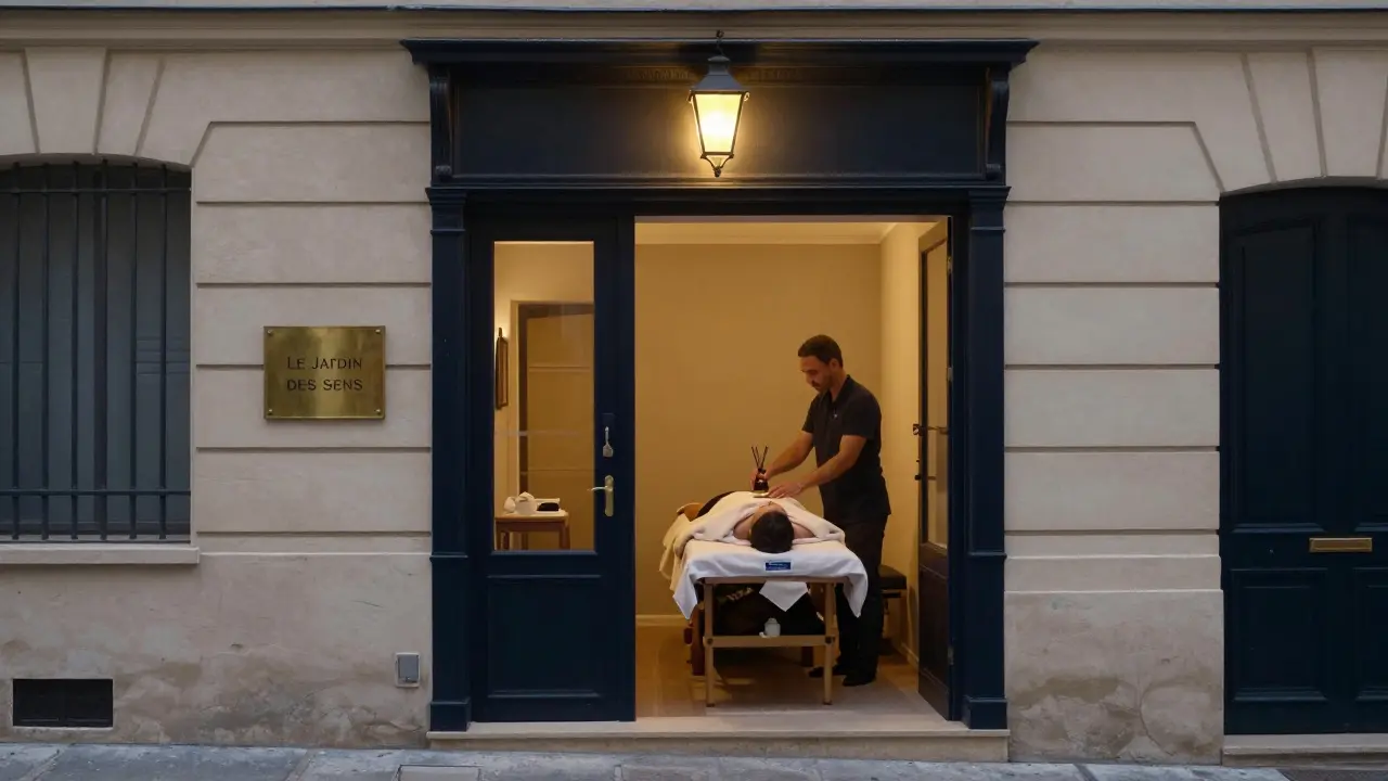 An unmarked but elegant Parisian entrance to a reputable sensual massage studio at dusk, exuding discretion and professionalism.